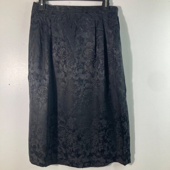 Womens Vintage Silk Studio Floral Embossed Silk Skirt Knee Black 28" Stretch Bac - Picture 1 of 8